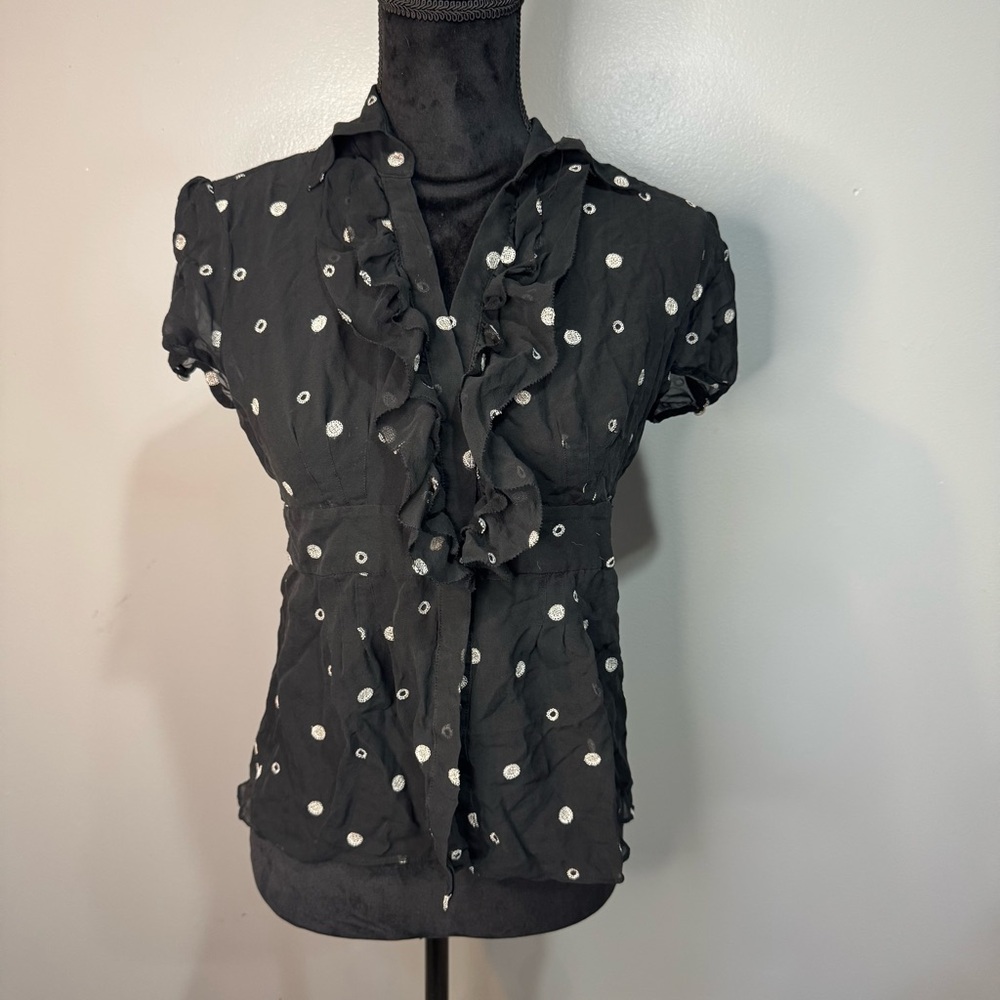 Ann Taylor Sheer Blouse Black Top w/ White Embroidered Short Sleeve